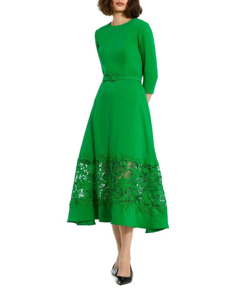 Women's Crepe Boat Neck Applique Cut Out Detail Midi Dress