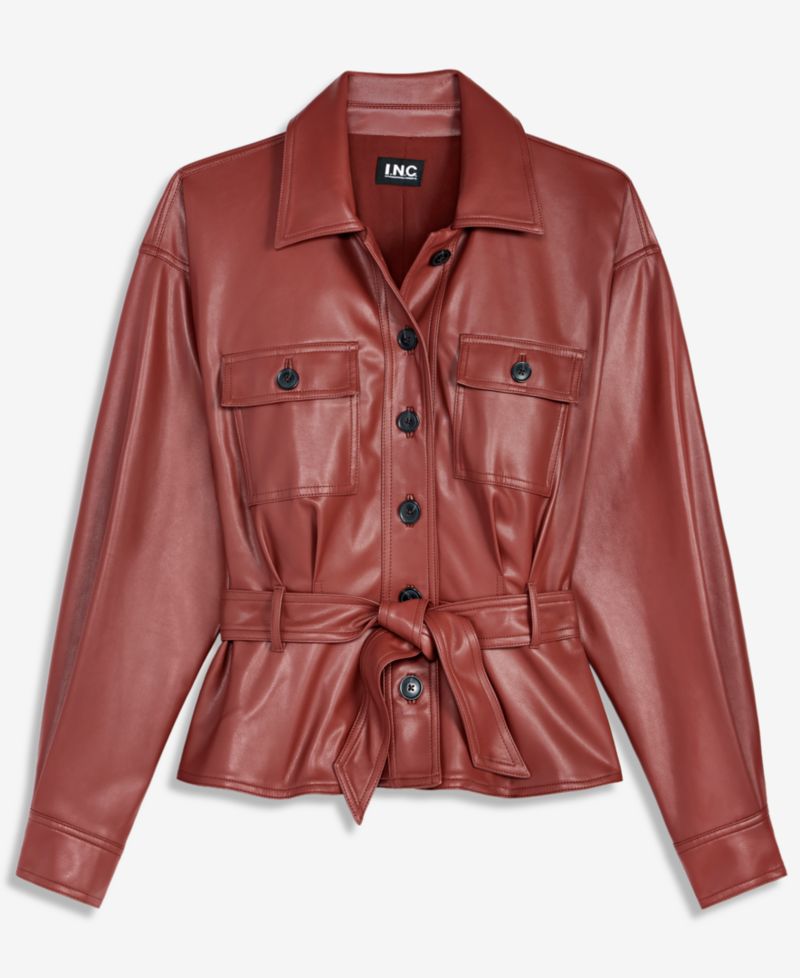 Women's Belted Faux Leather Peplum Shirt Jacket
