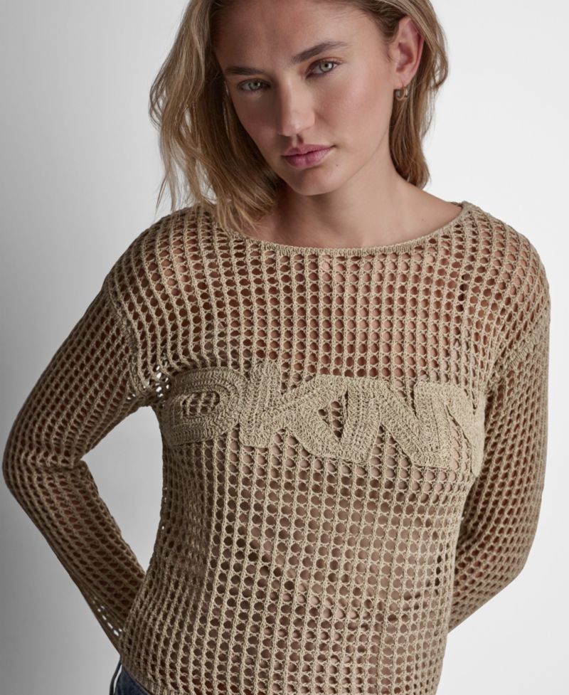 Petite Long-Sleeve Pointelle Crochet Open-Stitch Boat Neck Logo Sweater