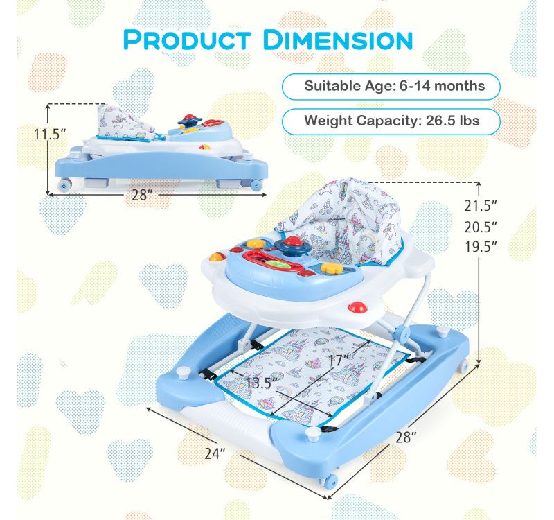 Foldable 6 in 1 Baby Walker with Adjustable Height for Infant Mobility and Play