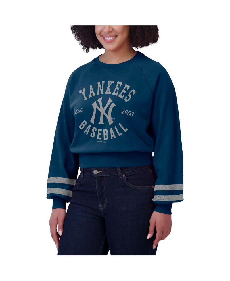 Women's Navy New York Yankees Vintage Washed Cropped Pullover Sweatshirt