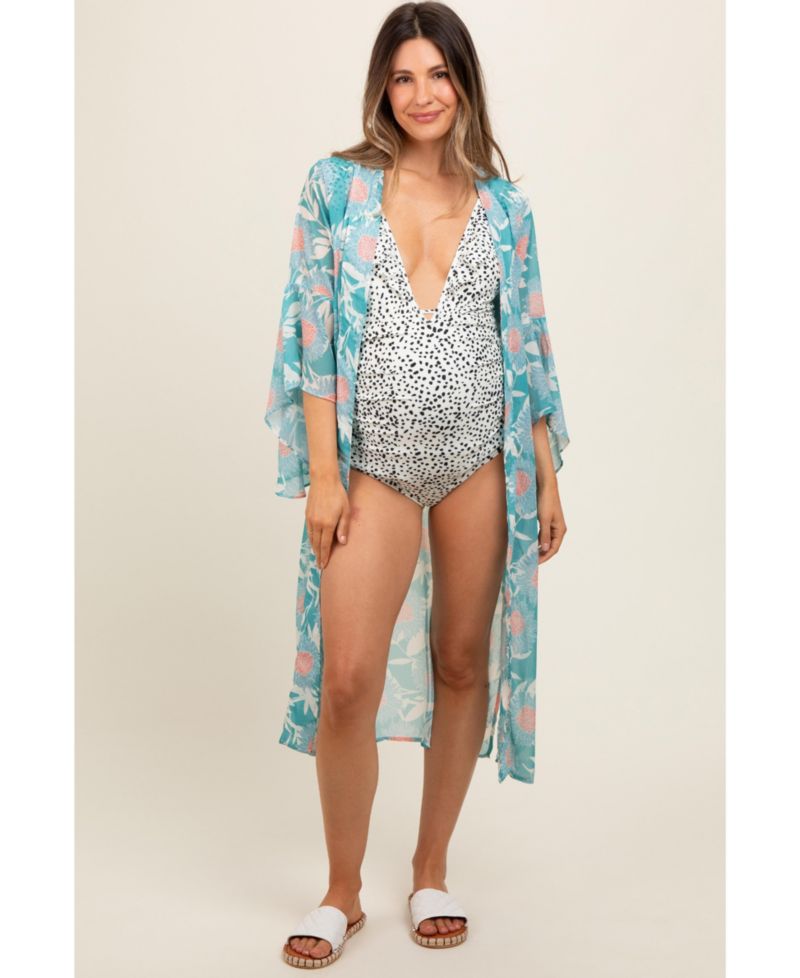 Women's Teal Floral Bell Sleeve Cover-Up