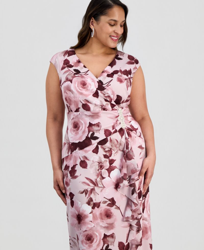 Plus Size Floral-Print Surplice-Neck Gown