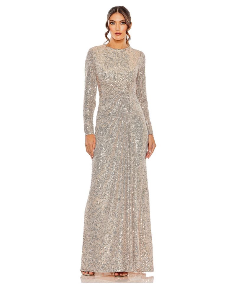 Women's Sequin Long Sleeve High Neck Column Gown