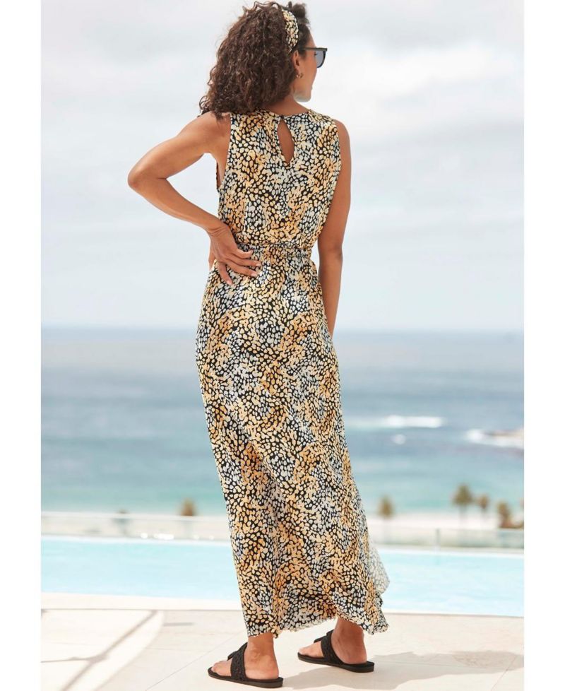 Women's Viscose Printed Side Slit Column Elastic-Waist Maxi Dress