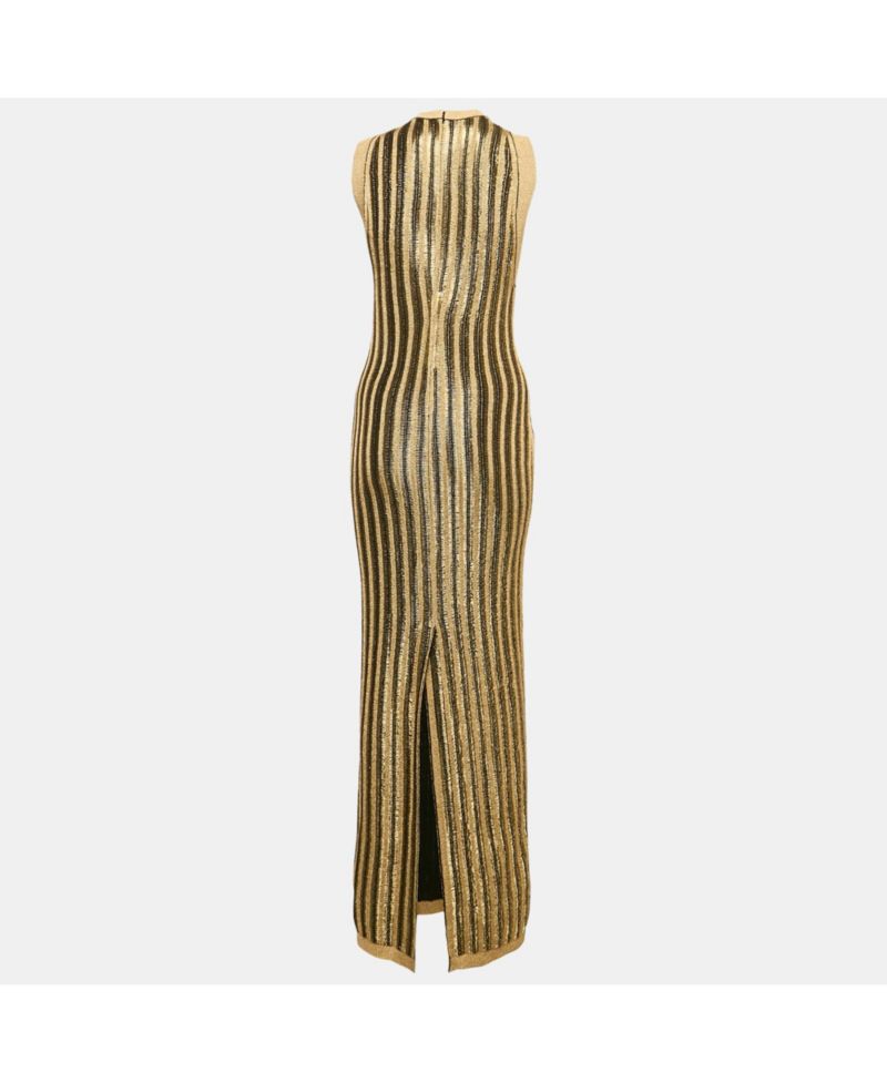 Women's Black/gold Lurex Slinky Rib Knit Crewneck Maxi Dress