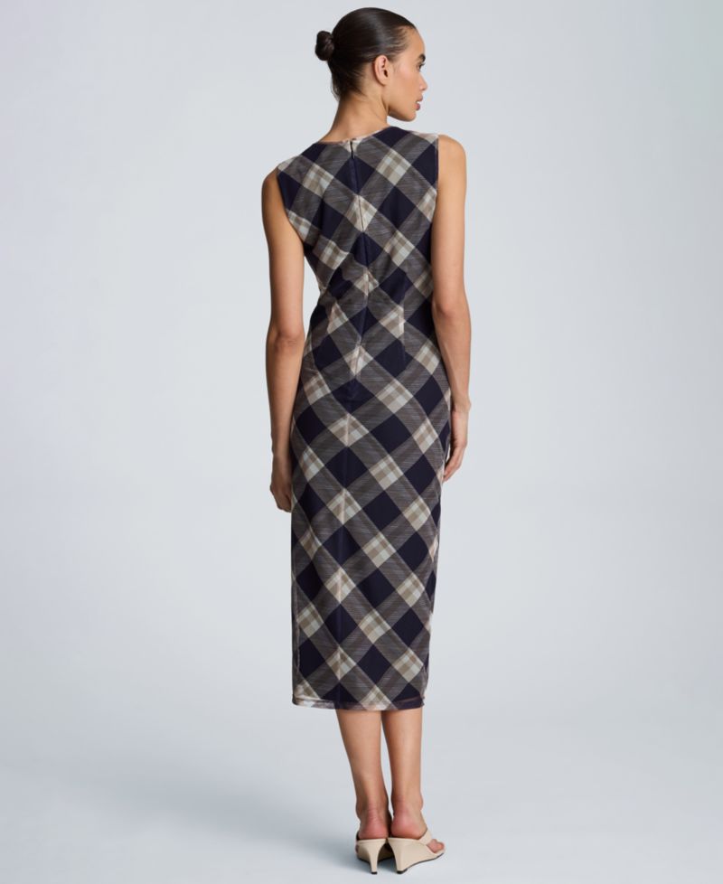 Women's Sleeveless Side Ruched Plaid Midi Dress