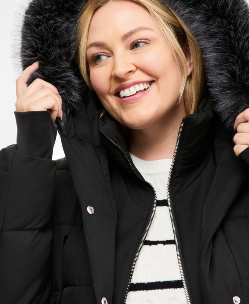 Plus Size Bibbed Faux-Fur Hooded Utility Puffer Coat