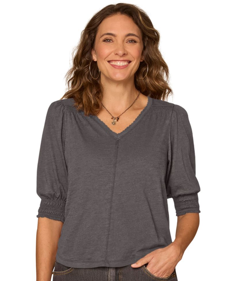Petite Elbow-Length Blouson Scalloped V-Neck Blouse