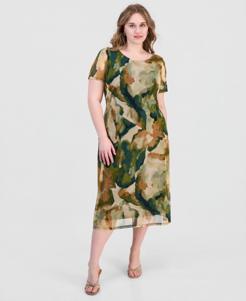 Plus Size Printed Mesh Midi Dress