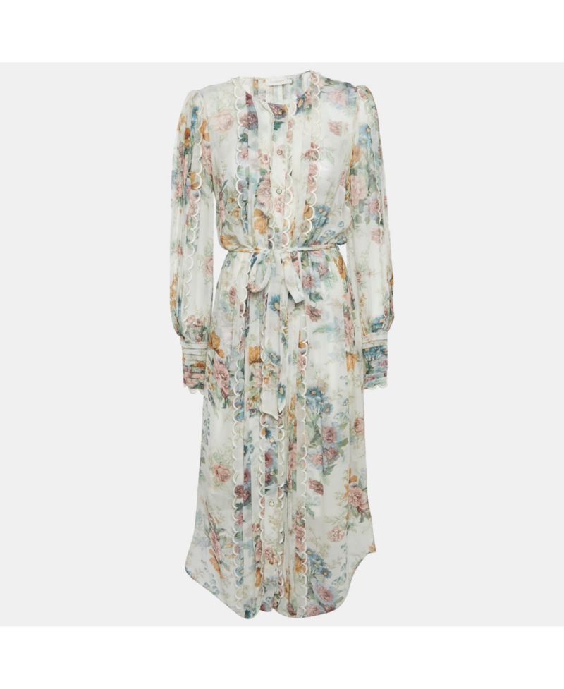 Women's Floral Print Crepe Scallop Detail Long Dress
