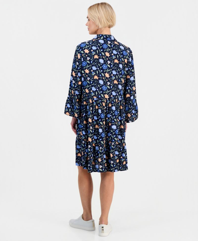 Petite Printed 3/4-Sleeve Tiered Shift Dress