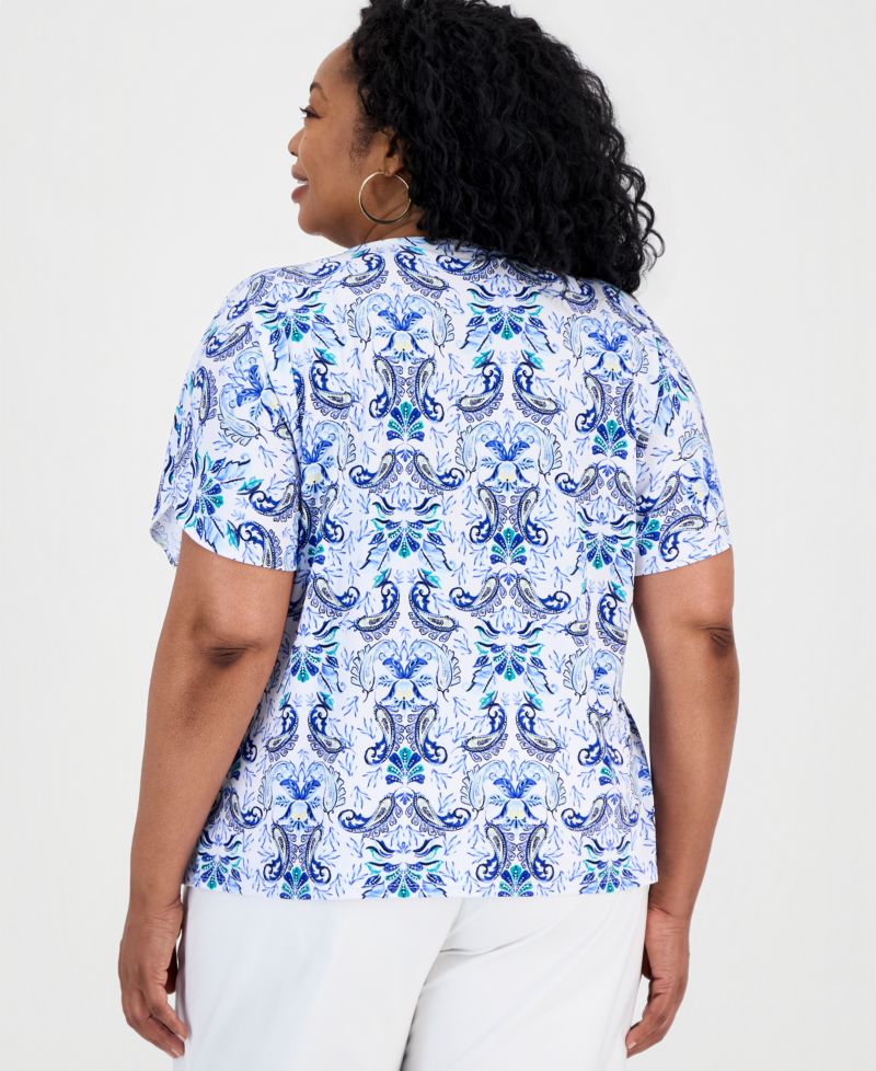 Plus Size Luca Paisley Keyhole Dolman-Sleeve Top