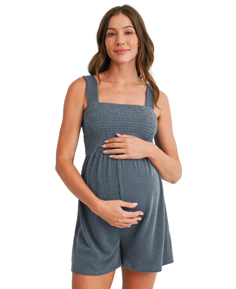 Women's Maternity Sleeveless Smocked Square Neck Ribbed Romper