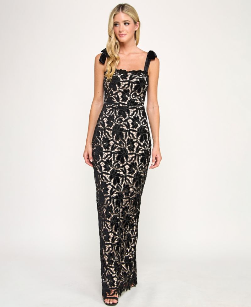 Juniors' Laser Cut Velvet Long Gown
