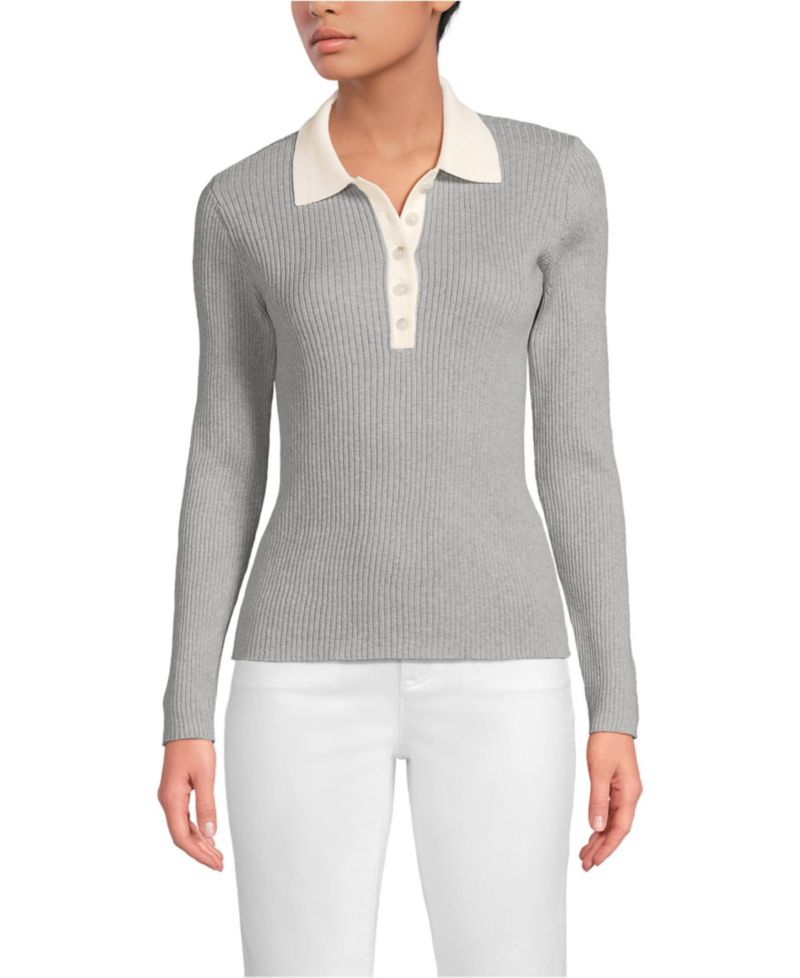 Women's Cotton Ribbed Long Sleeve Polo Sweater