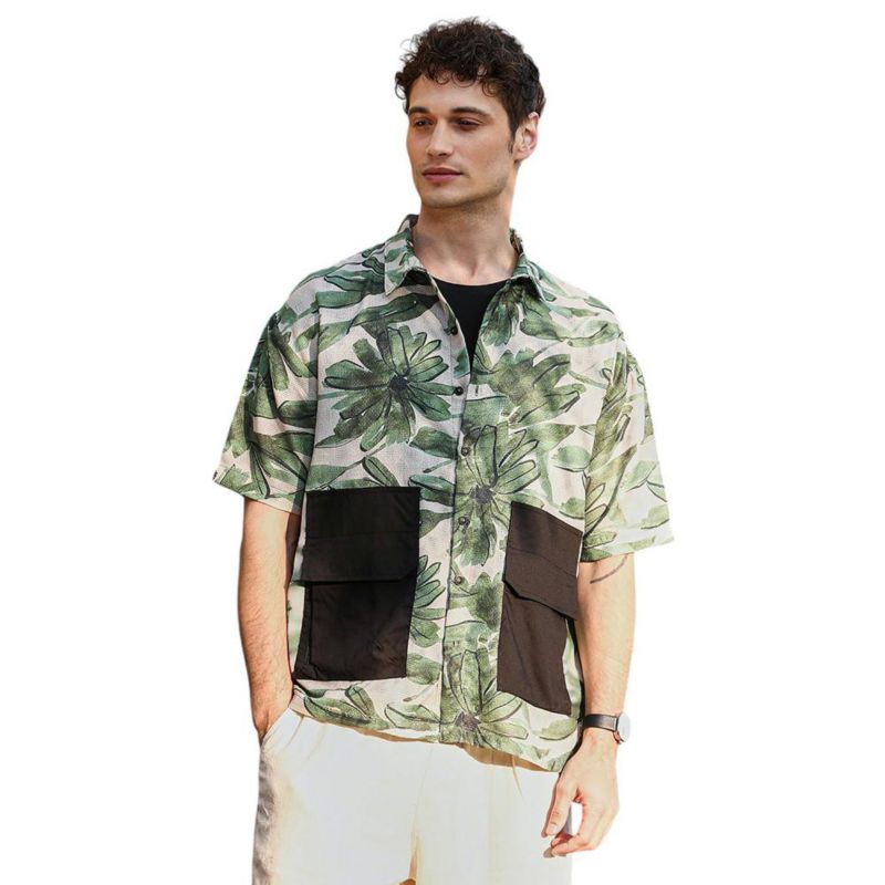 Men's Jungle Green & Ivory White Flora-Stroke Oversized Shirt