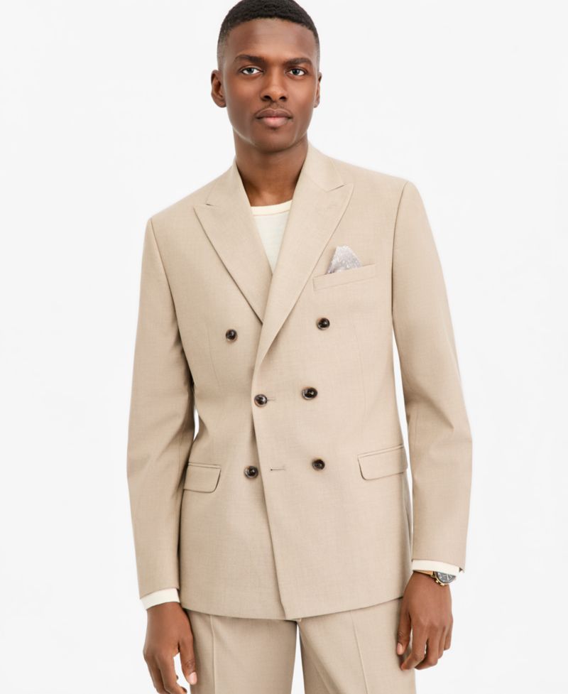 Men's Slim-Fit Tan Solid Double-Breasted Suit Separates Jacket