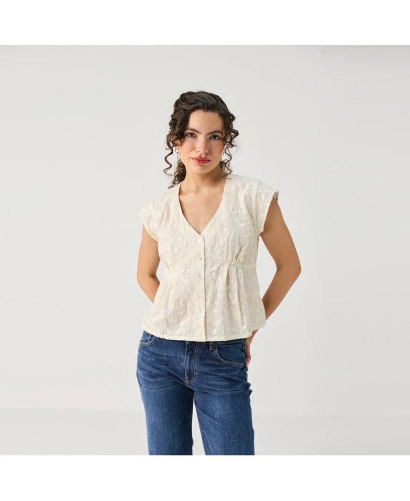 Women's Cream Embroidered Deep V-Neck Top