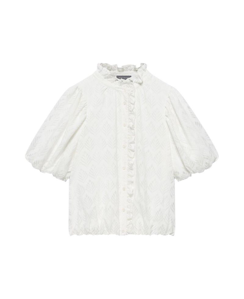 Women's Short Puff Sleeve Jacquard Ruffle-Trim Blouse