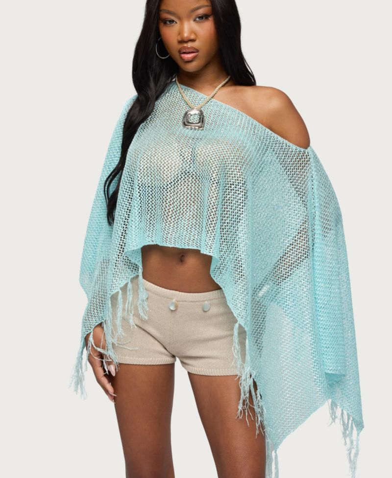 Women's Sequin Fringe Knit Poncho