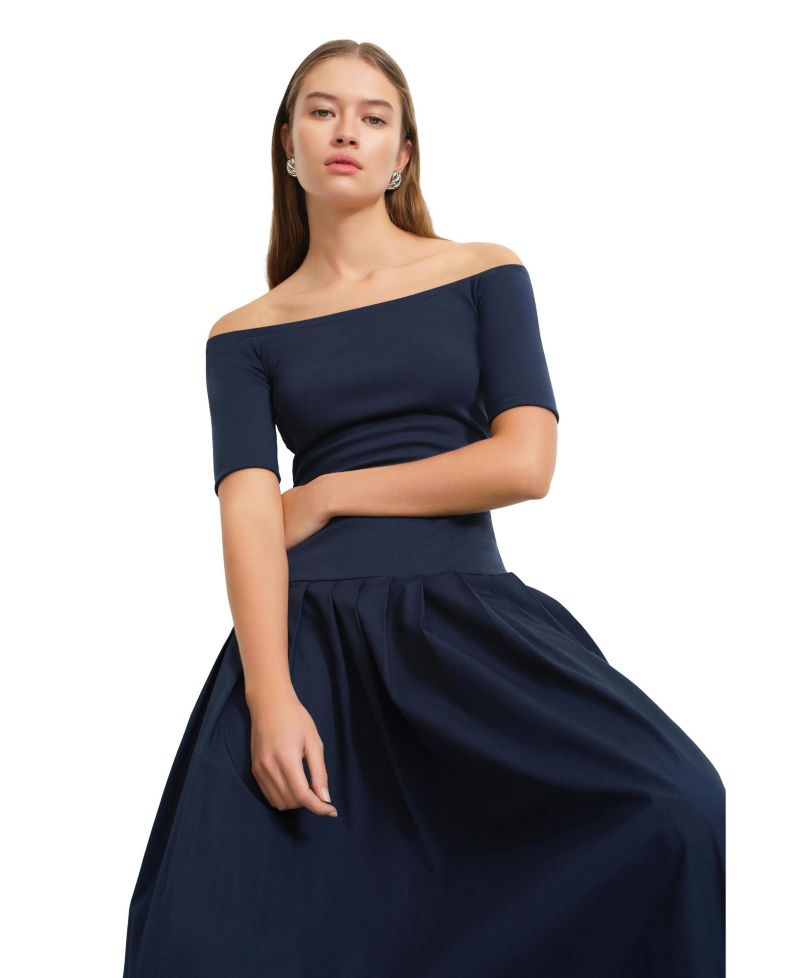 Women's Mila Off-Shoulder Dropped-Waist Pleated Cotton Dress with Pockets