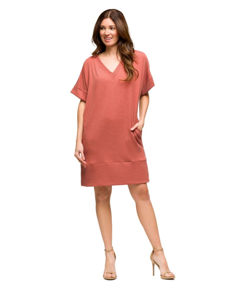Women's V Neck Loose Fit Short Sleeve Pocket T Shirt Dress
