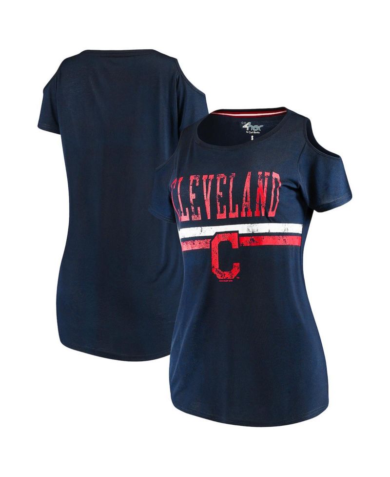 Women's Navy Cleveland Indians Clear The Bases Cold Shoulder Scoop neck T-shirt