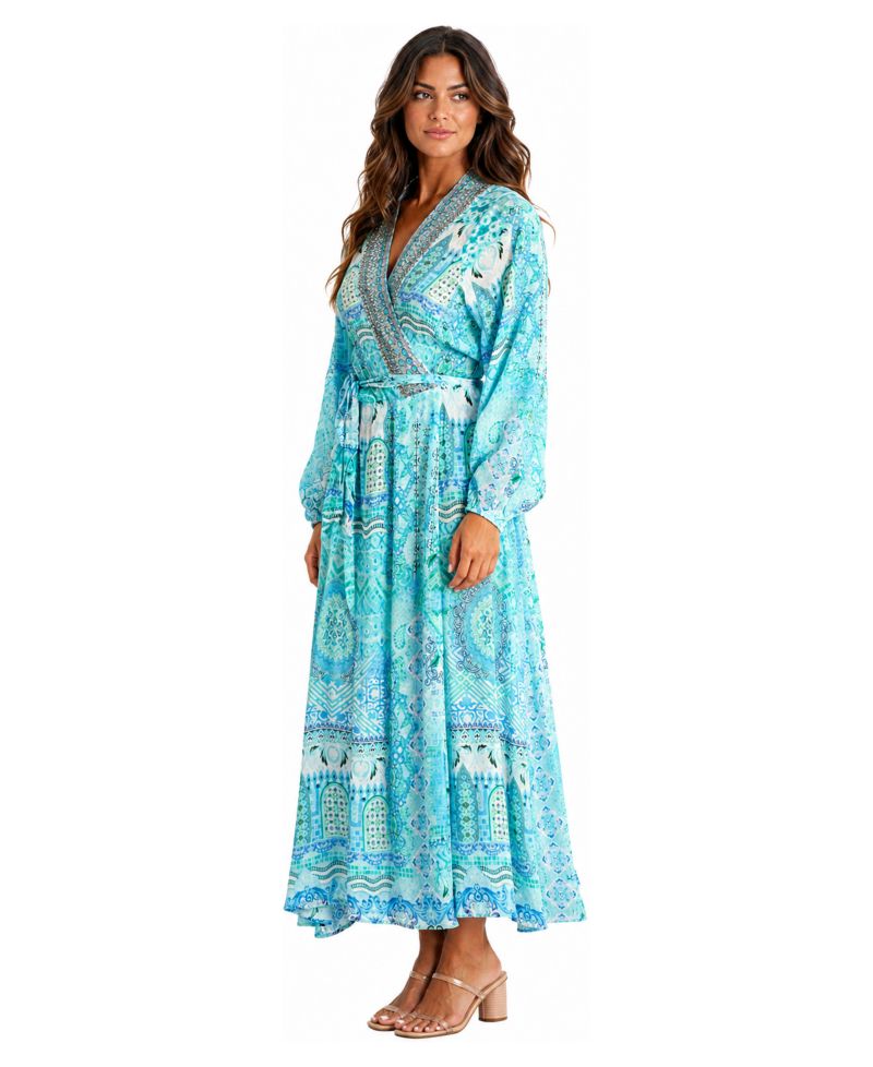 Women's Boho Long-Sleeve Paisley-Print Wrap Maxi Dress