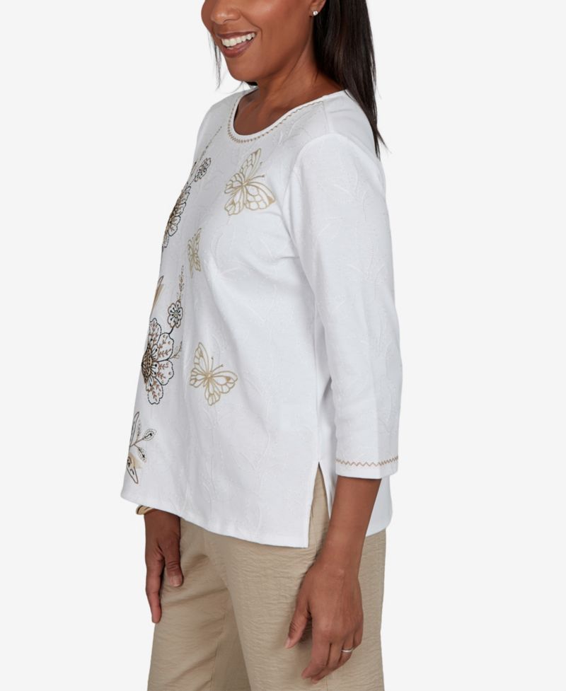Women's Travel Advisory Floral Butterfly Line Embroidered Top