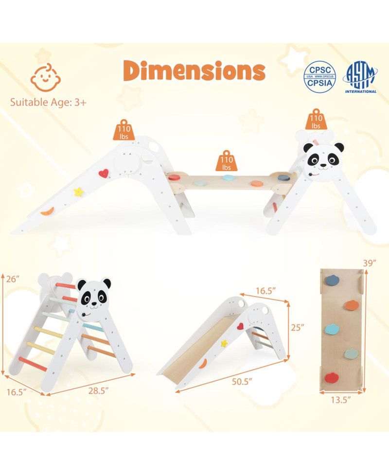 Ages 3+ Montessori Foldable 3-Piece Climbing Triangle, Slide, and Balance Bridge Set