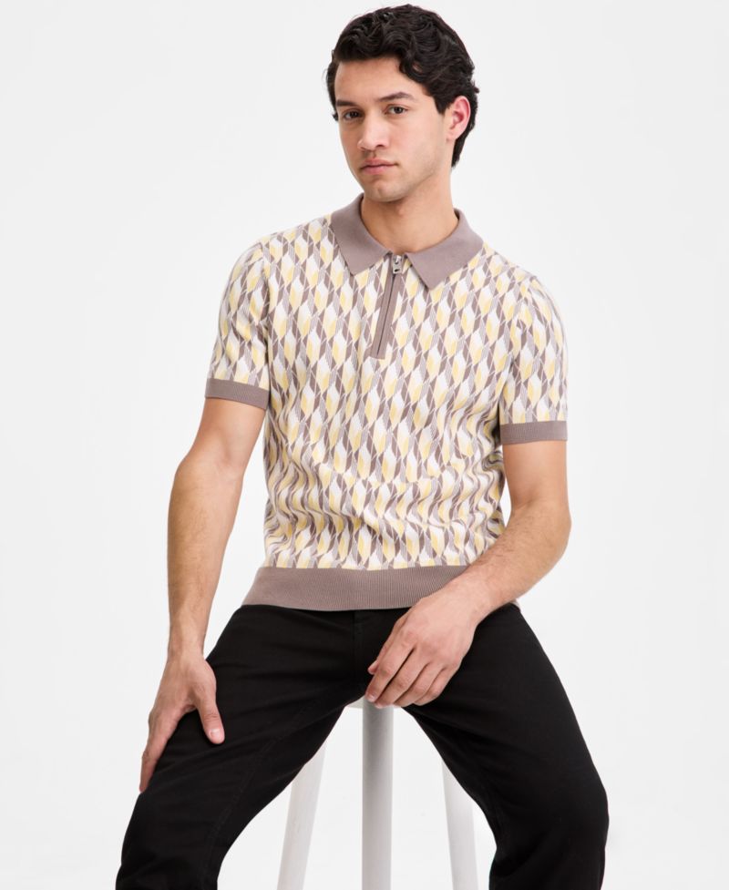 Men's Jacquard Half-Zip Short-Sleeve Polo Shirt