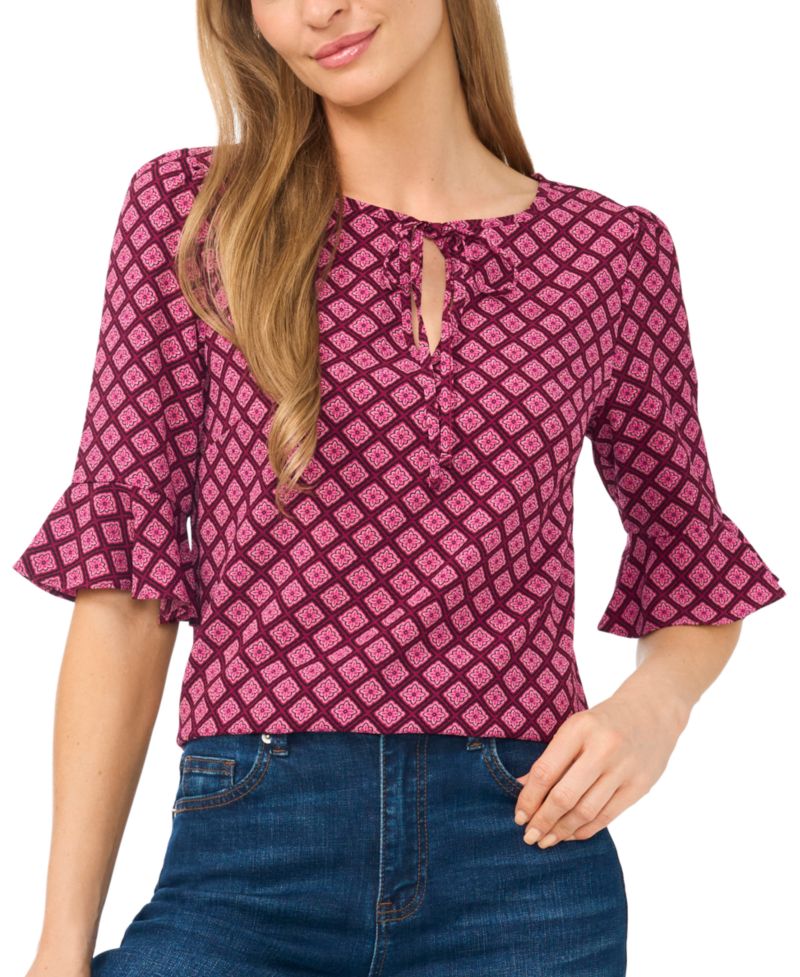 Women's Split Tie Neck 3/4-Sleeve Ruffle Cuff Blouse