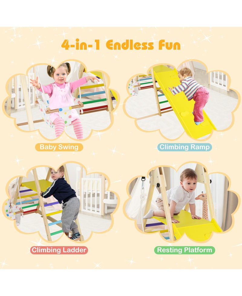 4-in-1 Indoor Jungle Gym Montessori-Inspired Swing, Ladder, Platform and Ramp, 4-Piece Set