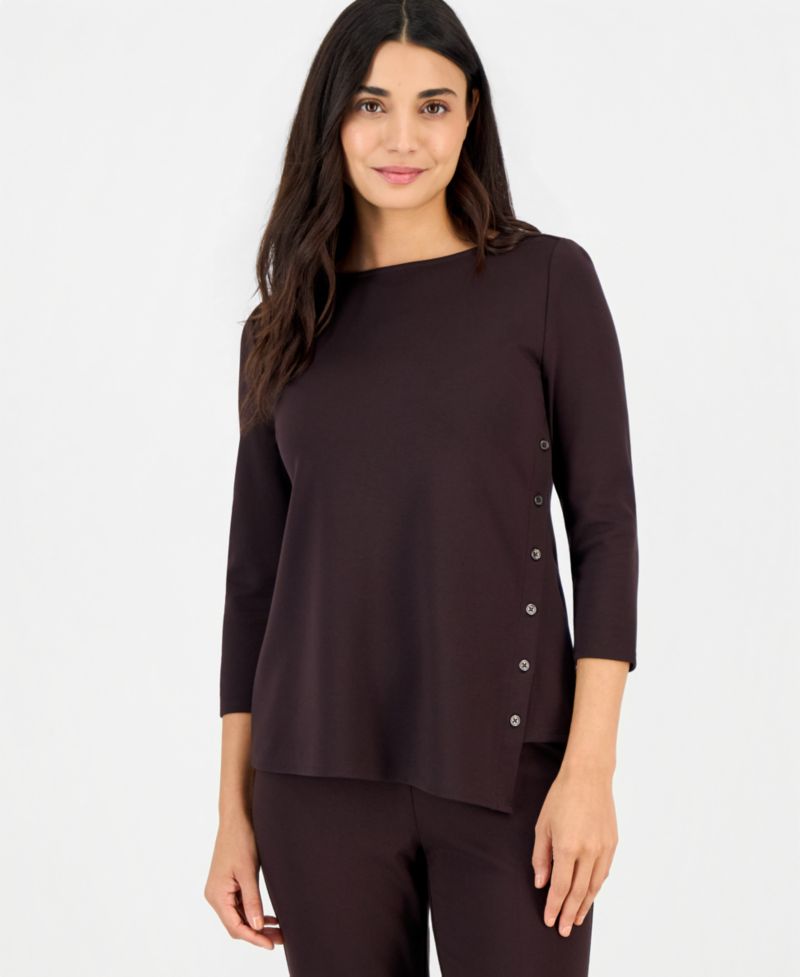 Petite 3/4-Sleeve Asymmetrical Button Top
