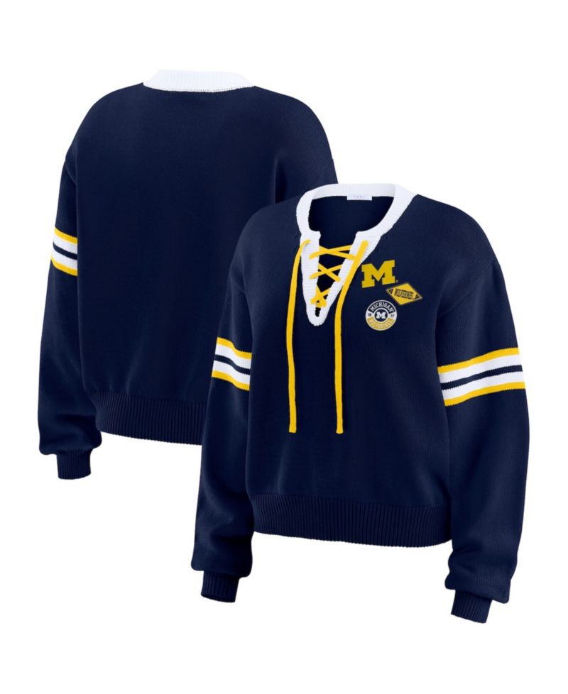 Women's Navy Michigan Wolverines Lace-Up Pullover Sweater