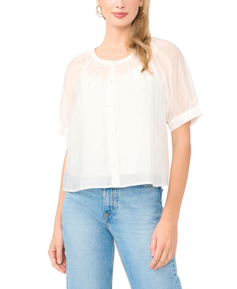 Women's Crewneck Button-Down Short-Sleeve Flowy Top