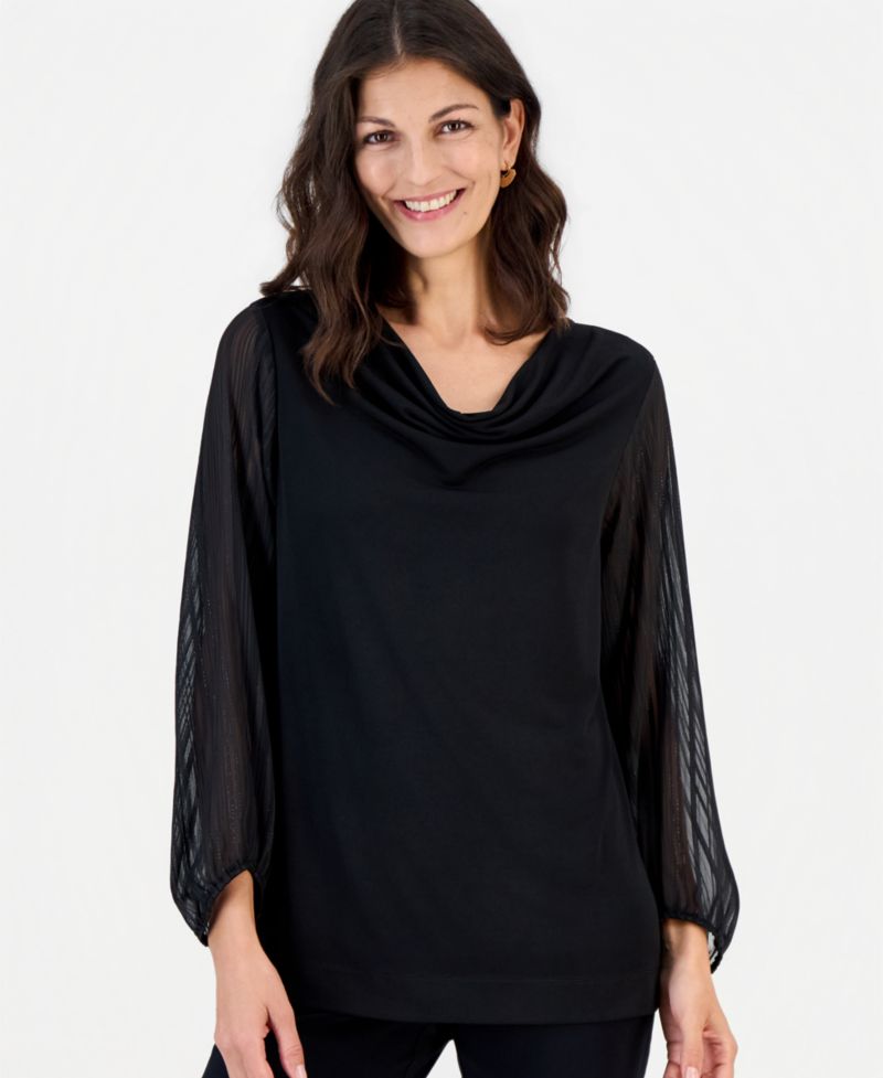 Women's Long-Sleeve Cowl-Neck Lurex Stripe Blouse