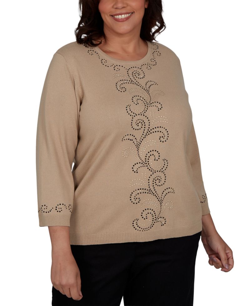 Plus Size Travel Advisory Beaded Scroll 3/4-Sleeve Sweater