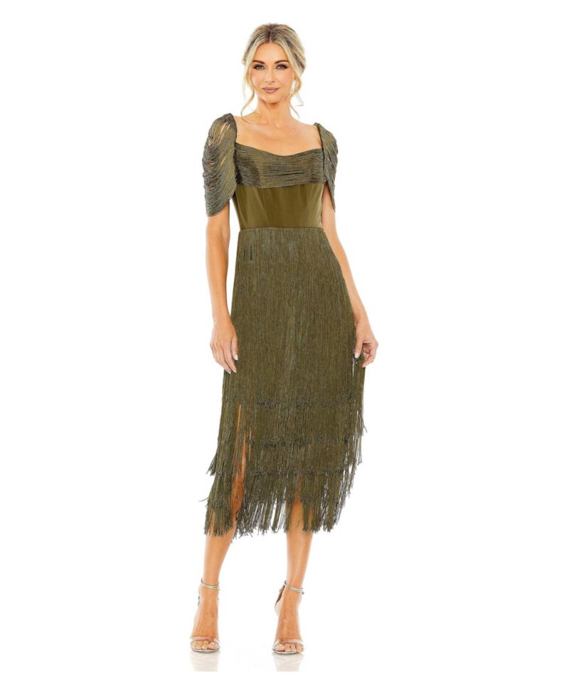 Women's Short Sleeve Fringe Detailed Midi Dress