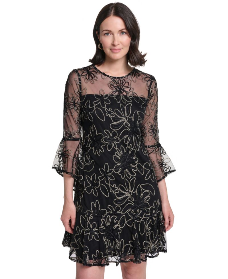 Petite A-Line Bell-Sleeve Floral-Print Dress
