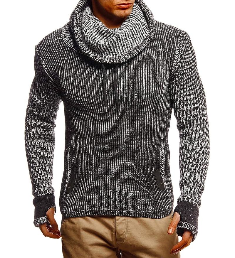 Men's Cowl Neck Knitted Pullover with Thumbhole Cuffs