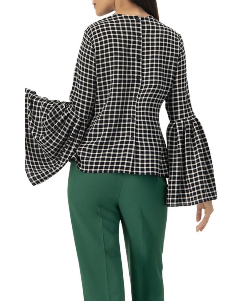 Women's Check Blouse with Puffed Sleeves