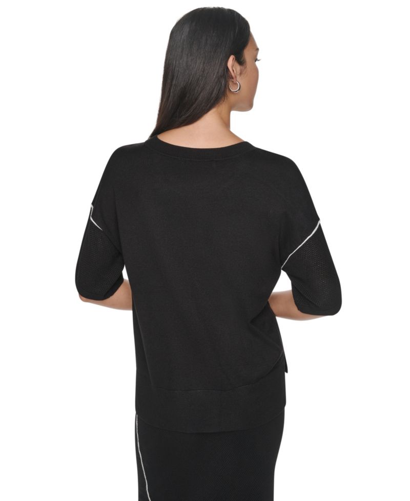 Women's Short-Sleeve Pointelle-Mesh Contrast-Trim Sweater