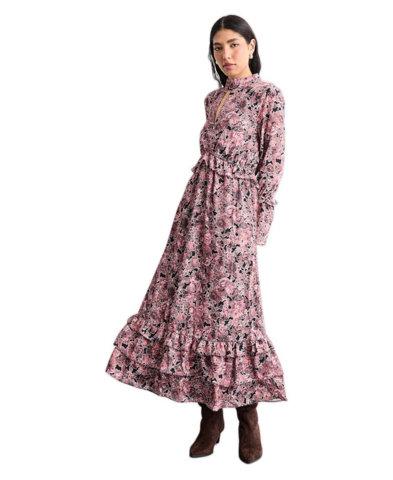 Women's Chiffon Shirred High Neck Midi Dress