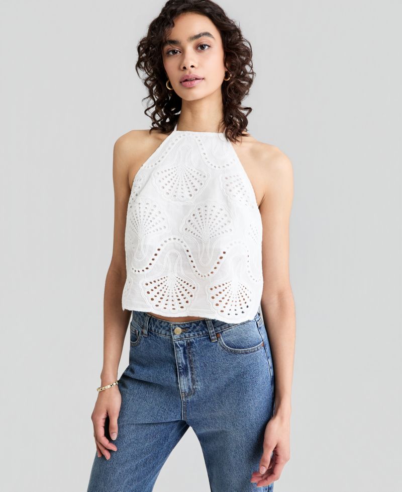 Women's Cotton Seashell Embroidered Halter Top