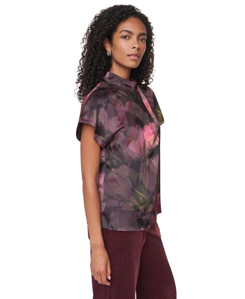 Women's Floral-Print Mock Neck Short-Sleeve Blouse