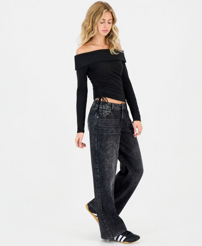 Juniors' Wide-Leg Leopard Star Patch Jeans