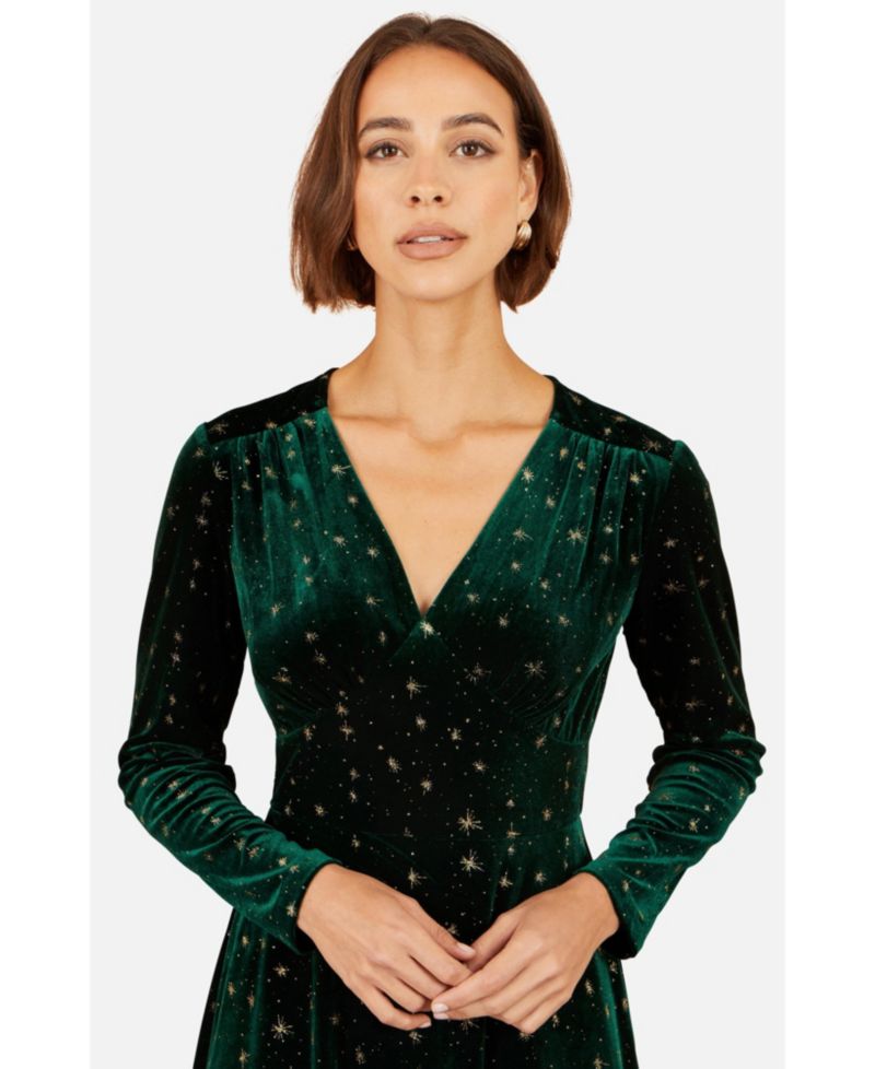 Women's Foil Star-Print Velvet V-Neck Dress