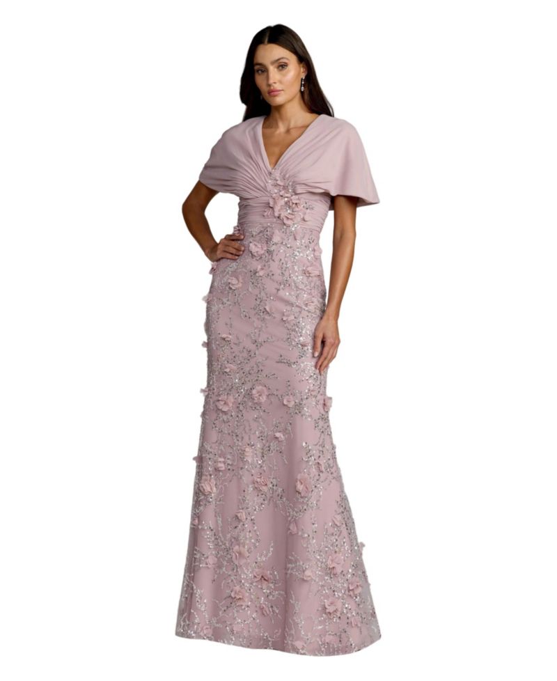Women's Chiffon Faux Wrap Beaded Column Gown